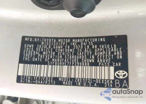 2015 Toyota Corolla S Plus z USA, uszkodzony, nr VIN 5YFBURHE7FP299888